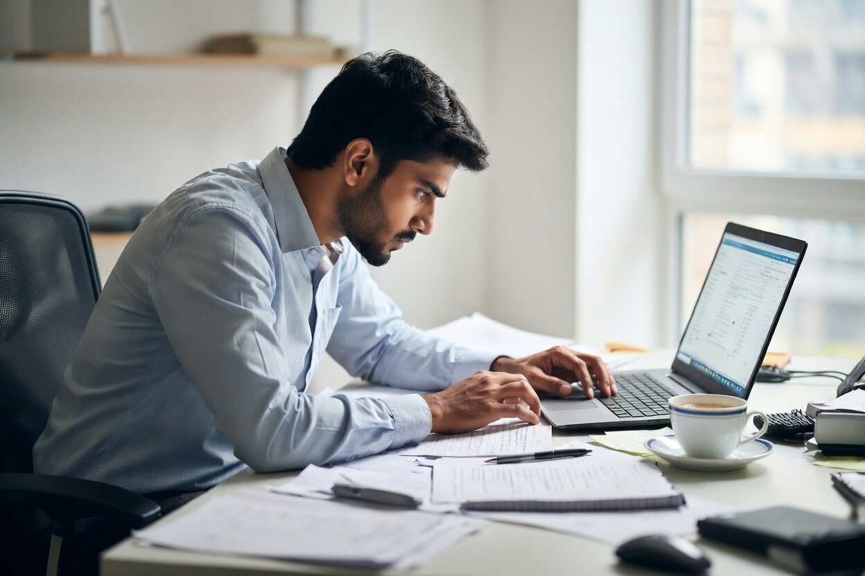 A small business owner working late at night, hunched over a laptop surrounded by paperwork and a steaming coffee cup, trying to manage overwhelming business tasks alone.