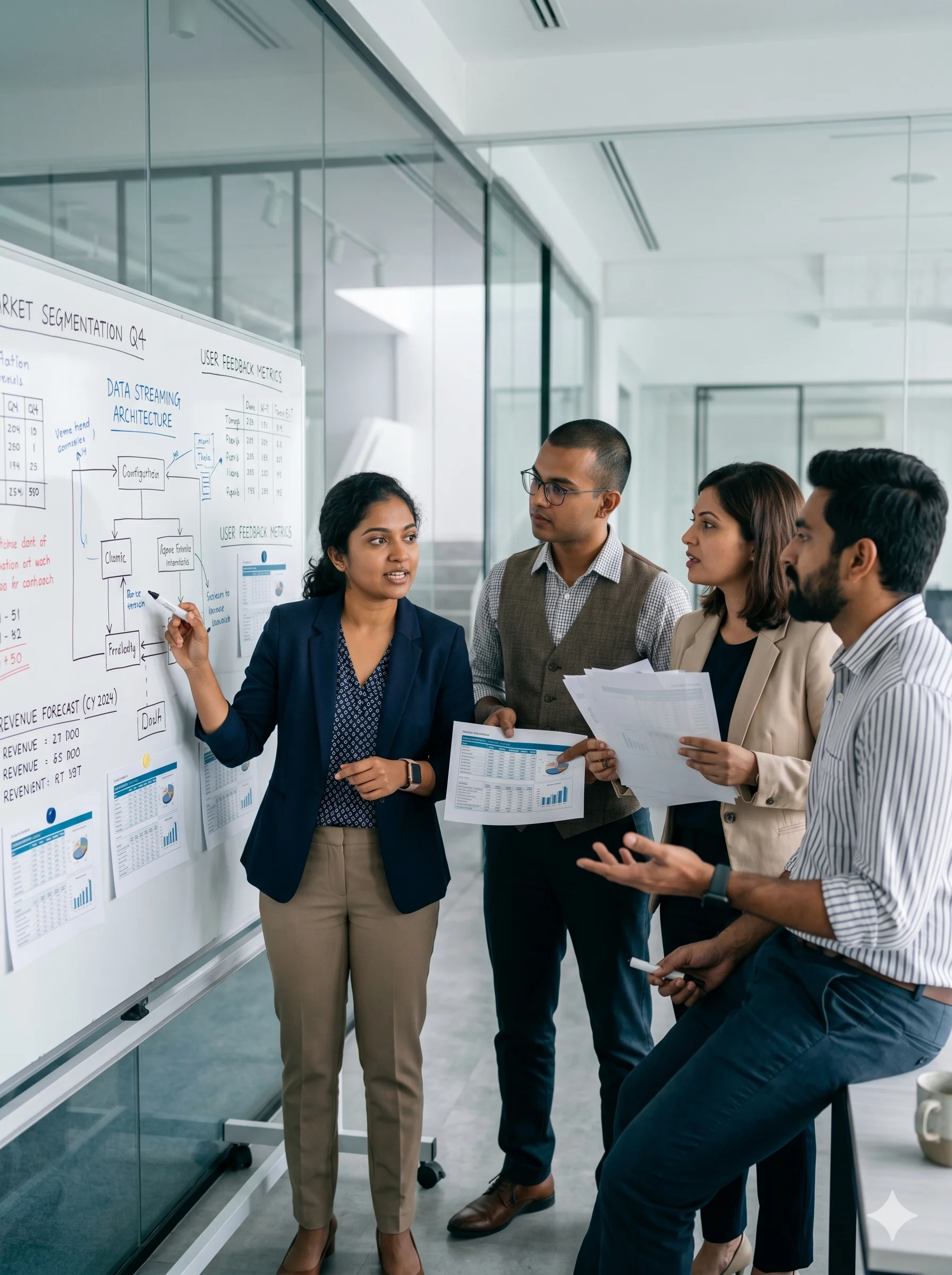 A team reviewing data and reports on a whiteboard in a modern office, discussing insights, metrics, and performance during a data analysis session.