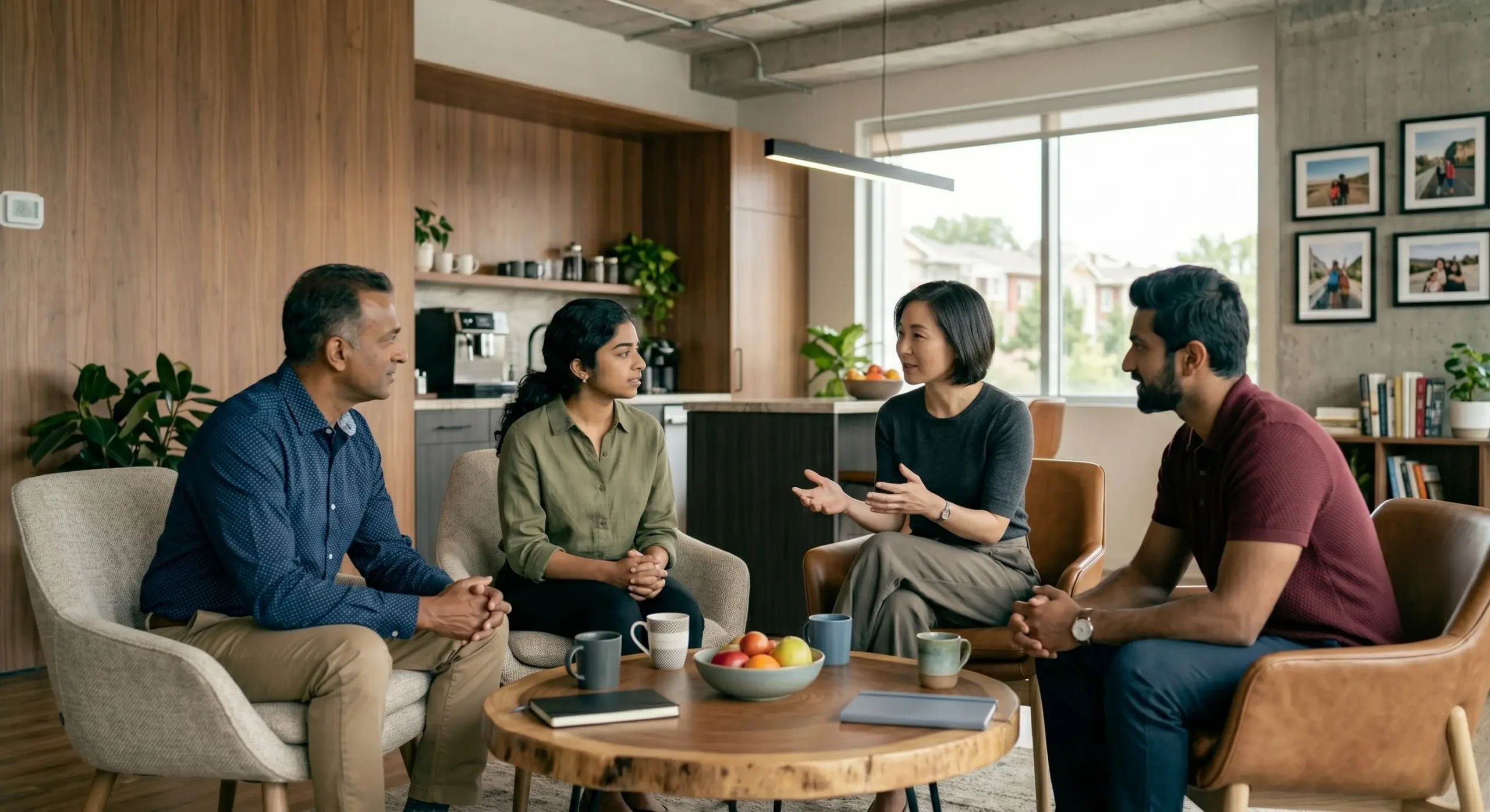 A group of Nehrux team members having a collaborative discussion in a modern lounge-style office space, seated around a coffee table in a relaxed meeting setting.