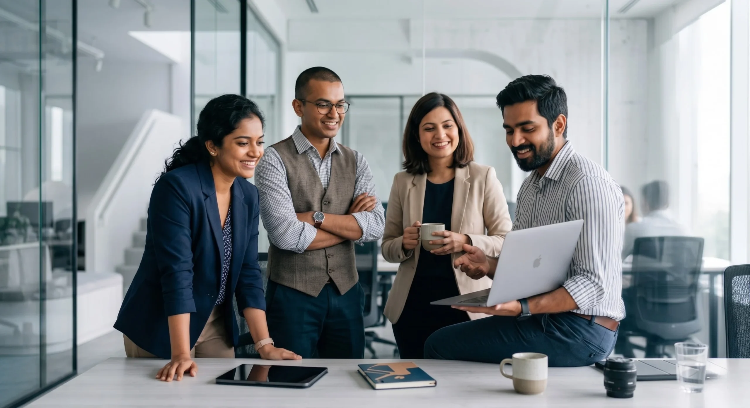 A group of Nehrux team members collaborating around a laptop in a modern office, representing digital marketing strategy and campaign planning.