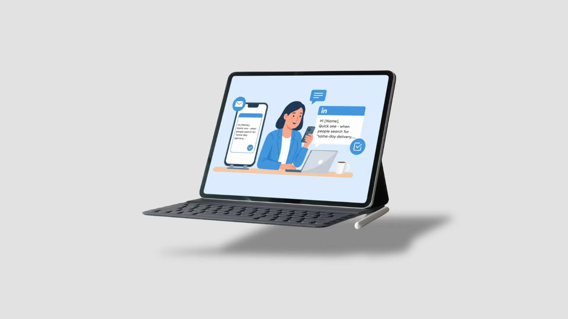 A tablet displaying a LinkedIn outreach concept, featuring personalized messaging and digital communication used for lead generation and marketing campaigns.
