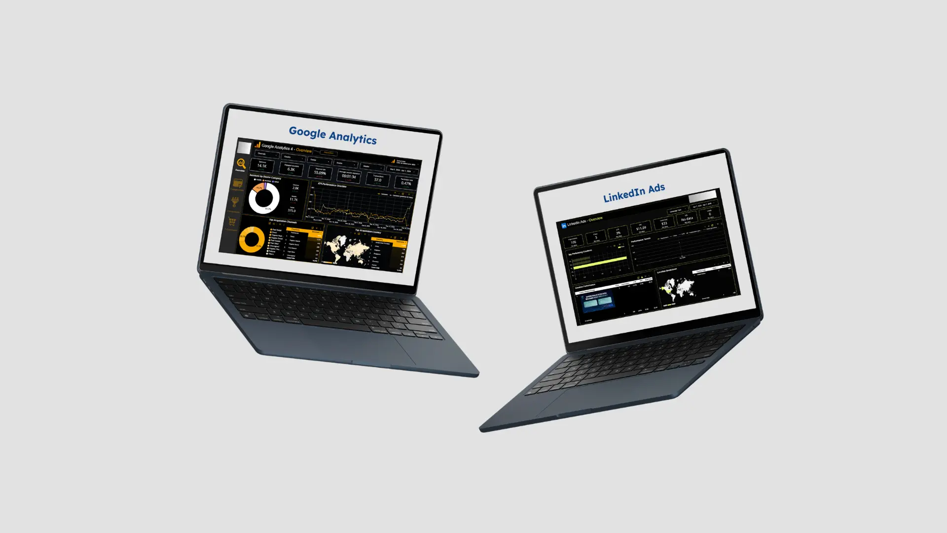 Two laptops displaying Google Analytics and LinkedIn Ads dashboards, representing a marketing analytics project for a US-based e-commerce company.
