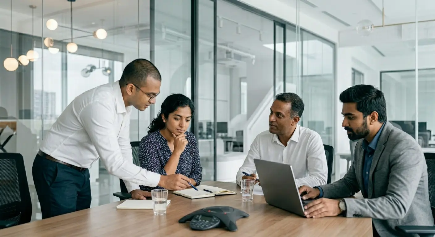 A group of four professionals in a modern glass office discussing work around a table, with one person pointing at a notebook while others review notes and a laptop during a team meeting.