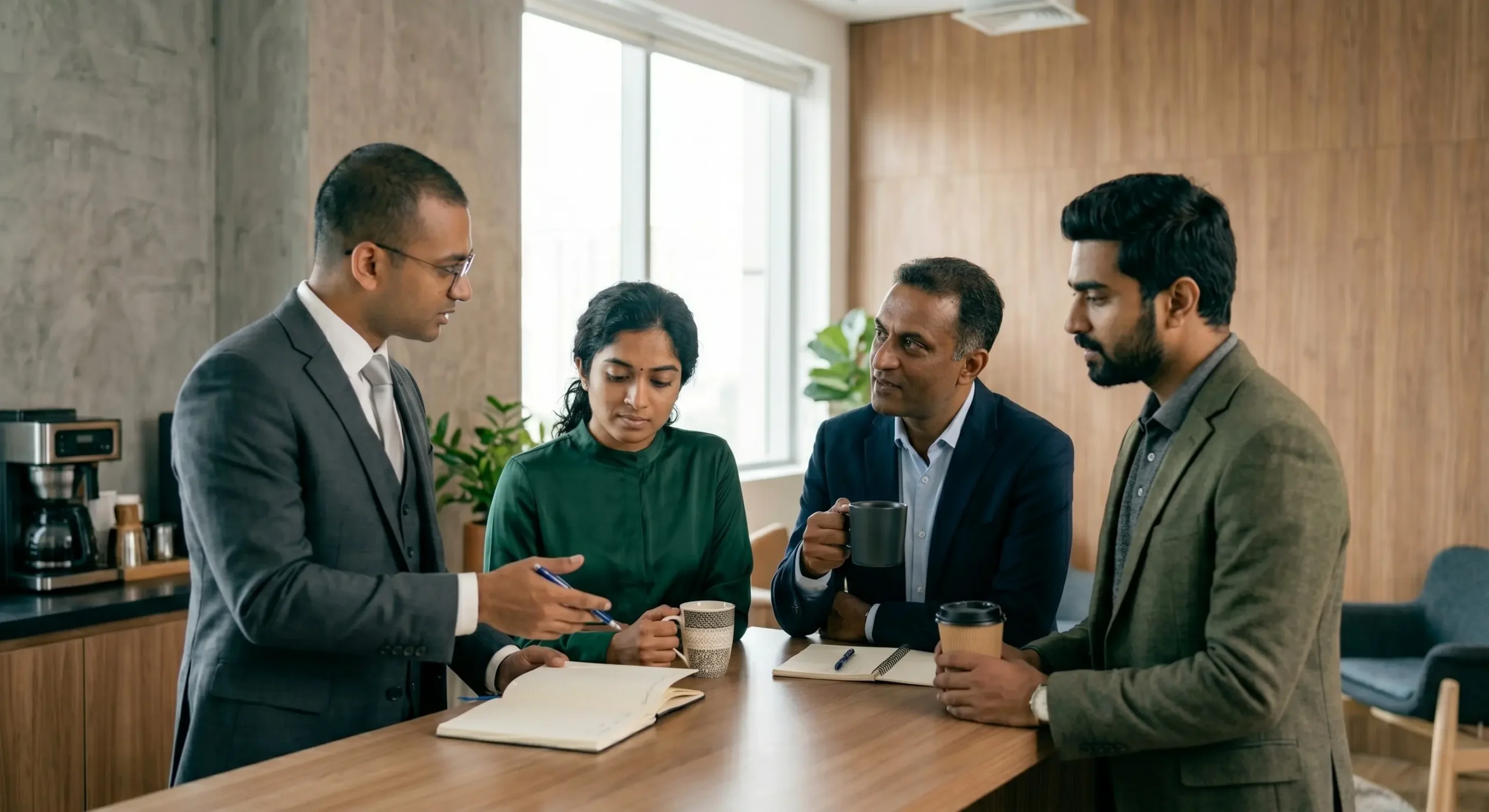 A group of Nehrux team members having a focused discussion in a modern office pantry area, with one person explaining from a notebook while others listen and hold coffee cups.